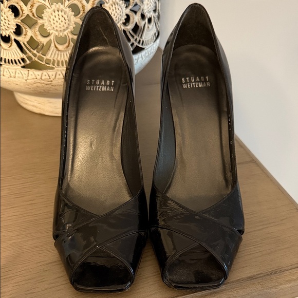 Stuart Weitzman Glossy Black Peep-Toe Heels - Picture 1 of 4